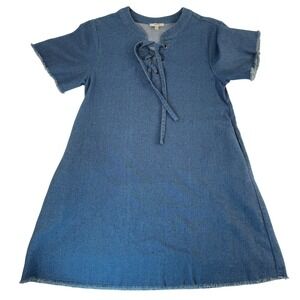 Jodifl‎ Denim Lace Up Classic Tunic Dress Fringe Hem Casual Short Sleeve